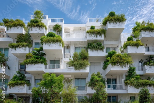 Modern, white apartment building with abundant green plants