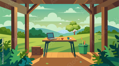 An openair workspace with a rustic wooden desk and panoramic views of lush greenery.. Vector illustration