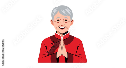 Illustration of a smiling elderly woman with hands clasped wearing a red garment with gray hair
