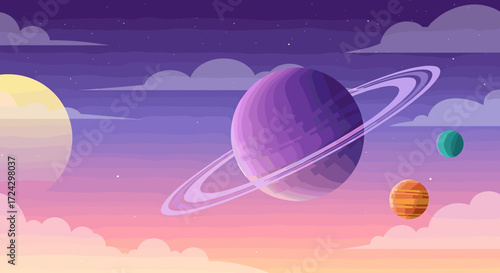 A whimsical depiction of planets amidst clouds and a gradient sky at twilight hour aesthetic