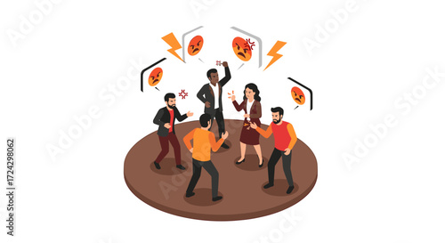 Group of people arguing with angry emojis above them in a vector illustration style image