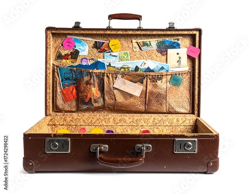 Open vintage suitcase filled with travel mementos