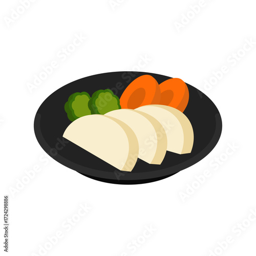 Japanese pickles tsukemono with daikon, carrot and cucumber on black plate - flat vector illustration, Japanese food icon