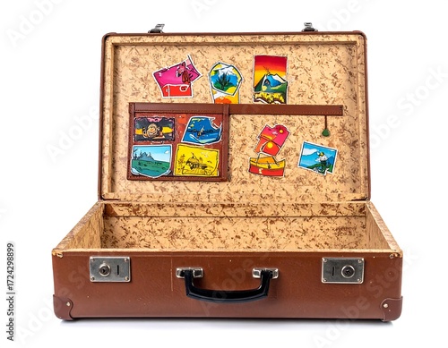 Open vintage suitcase with travel stickers