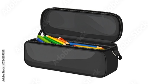 Opened black pencil case with colorful pencils inside