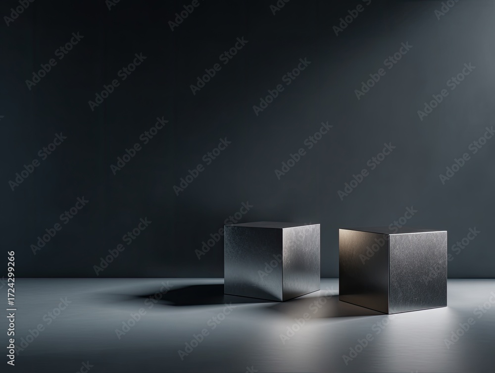 Fototapeta premium Two metallic cubes on a dark background