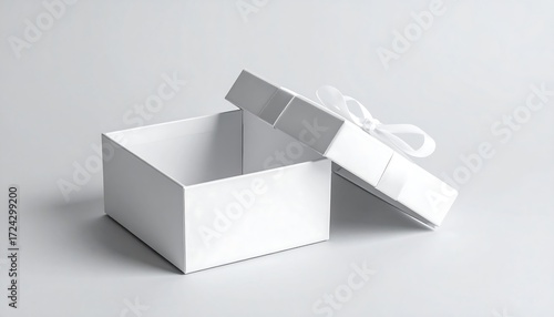 Opened white gift box on a light gray surface