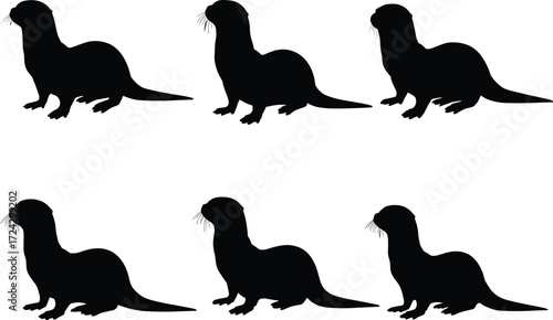 Collection of otter silhouette vector illustrations in different poses, isolated black animal design set for wildlife, aquatic mammal, and nature themes.