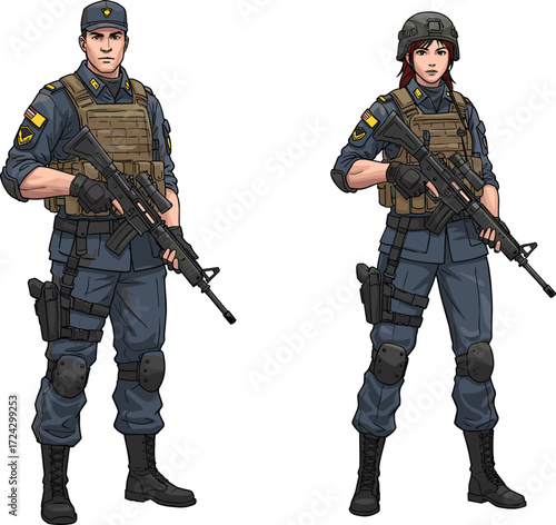 Tactical armed officers, military gear, law enforcement, rifle ready, combat boots, protective vest, helmet, urban security, special forces, patrol mission