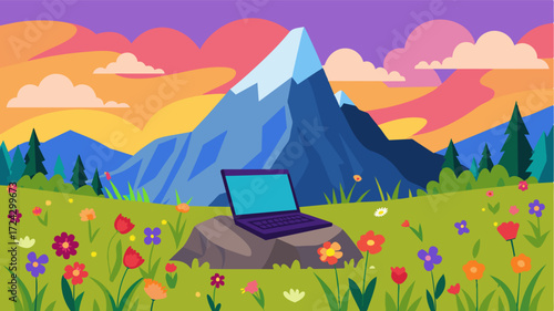 Amidst a field of vibrant wildflowers a laptop rests on a large boulder offering a breathtaking view of the mountains in the backdrop.. Vector illustration