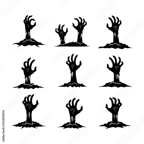 Collection of Black Silhouette Zombie Hands Emerging from the Ground, Spooky Halloween Design Elements