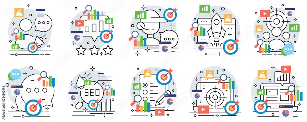 Fototapeta premium Diverse flat design icons depicting business marketing and analytics concepts