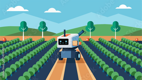 A mobile selfcharging robot moves along rows of crops regularly monitoring and adjusting factors such as soil pH and nutrient levels.. Vector illustration