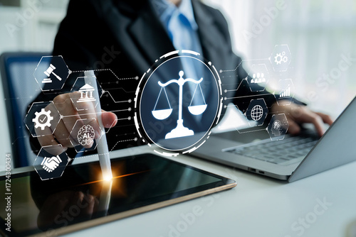 Fotografía Futuristic digital law interface displaying justice scale, highlighting digital law, AI compliance, digital law systems, and digital law regulations for secure governance