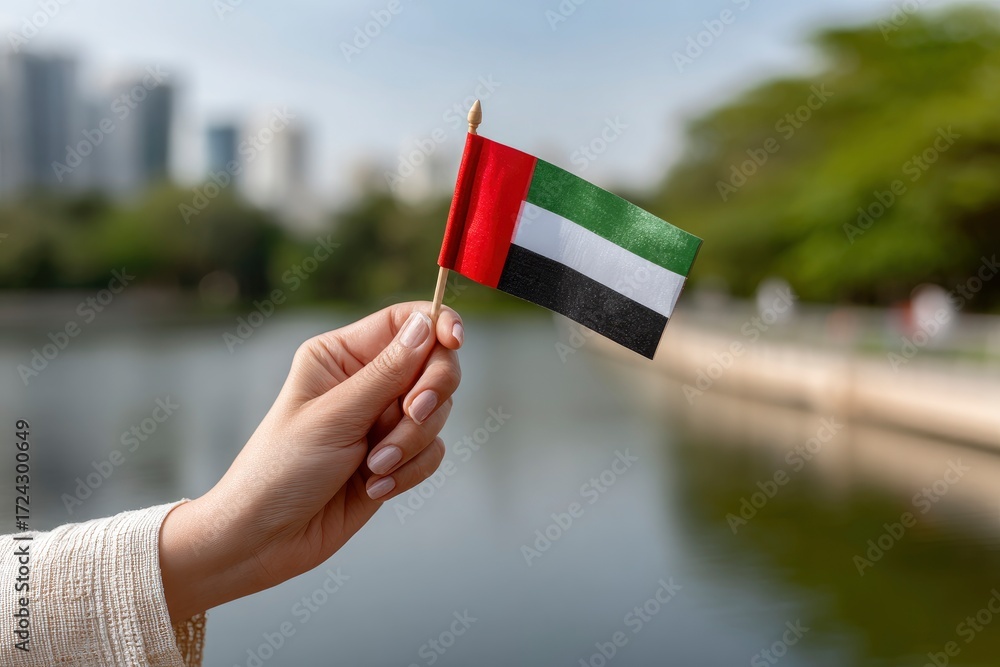 custom made wallpaper toronto digitalHand holds a miniature UAE flag buildings  foliage blurred in background over calm water