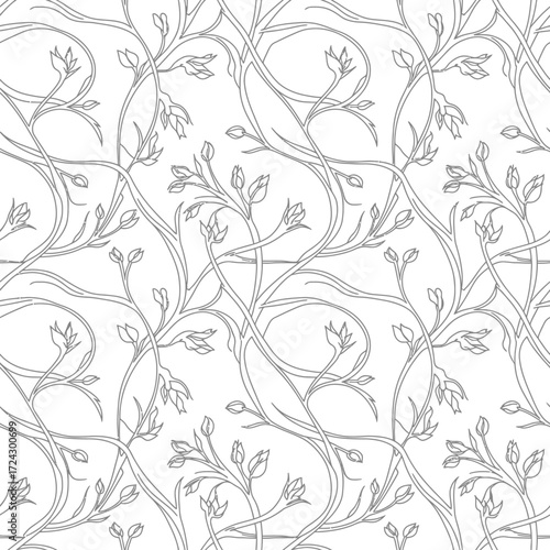 Delicate line art botanical pattern with swirling vines and leaves on a white background.