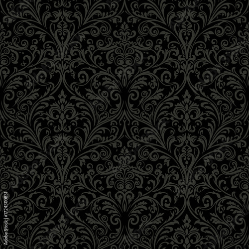 Elegant black damask seamless wallpaper pattern with floral ornaments.