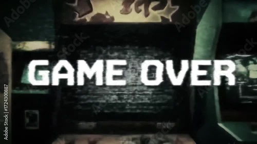Retro videogame arcade footage with Game Over text appearing over distorted background with glitch and noise