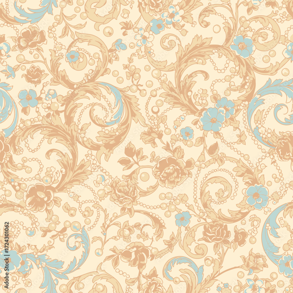 Fototapeta premium Elegant Vintage Floral Seamless Pattern with Golden Scrolls and Roses.