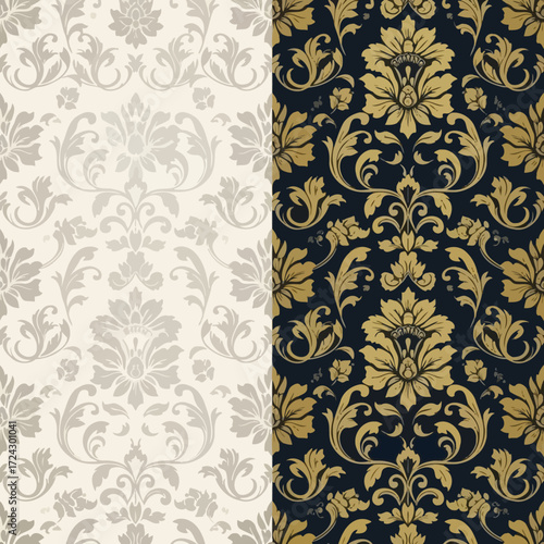 Elegant vintage damask seamless pattern in two color variations.
