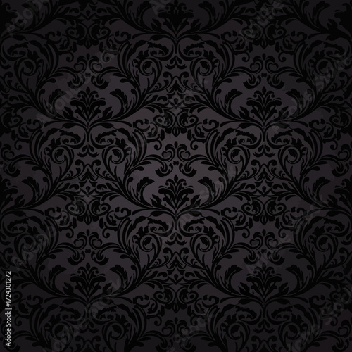 Luxurious black damask seamless pattern with intricate floral ornaments.