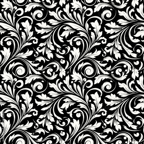 Seamless black and white ornamental floral pattern with swirling leaves and vines.