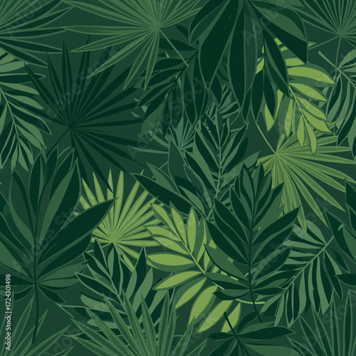 Seamless pattern of lush tropical palm and jungle leaves.