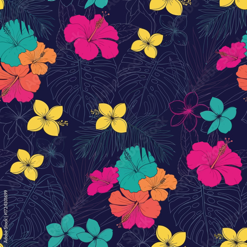 Vibrant tropical floral seamless pattern with colorful hibiscus and plumeria flowers on a dark blue background.