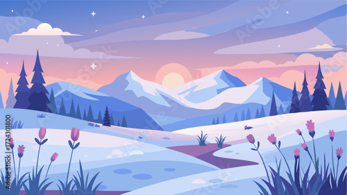 As the winter sun sets in the sky the meadow is painted in soft blues and pinks casting a dreamy aura over the delicate snowcovered grasses and wildflowers. Its a serene and