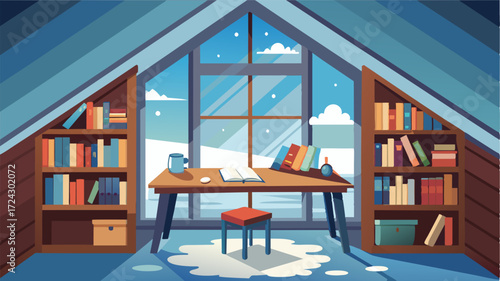 A small desk set up in the attic surrounded by shelves filled with books and a window peering out at the snowcovered rooftops.. Vector illustration
