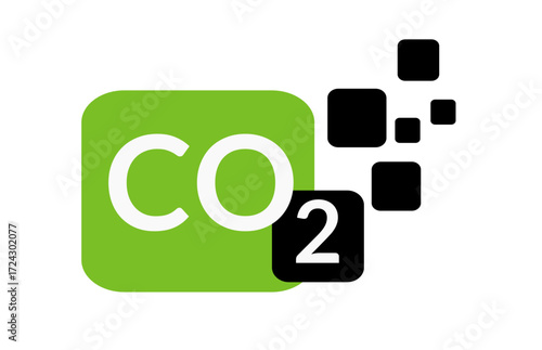 CO2 icon design with a green square and black carbon squares flying away, perfect for environmental and climate change topics