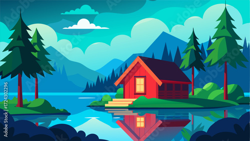 A tranquil oasis a cozy cabin with a red roof nestled in a lush forest by the side of a still lake providing the perfect escape from city life.