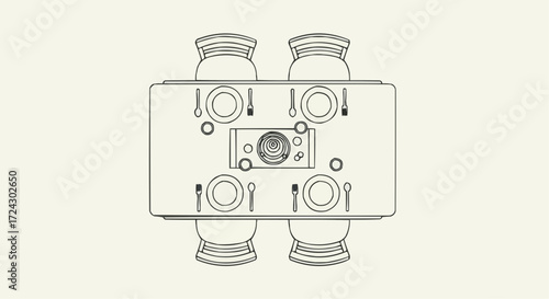 Christmas vector 2025 dining table setting illustration for dinner party event design and home decor with chairs and utensils line art