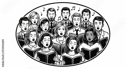 Christmas vector 2025 choir singing group vocal harmony ensemble performing music concert black and white illustration drawing