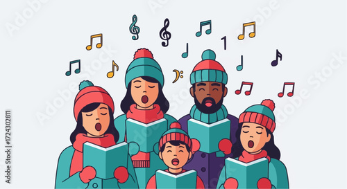 Christmas vector 2025 cartoon christmas carolers singing christmas carols in winter hats and scarves with music notes above
