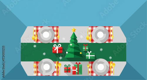 Christmas vector 2025 christmas dinner table setting with tree and gifts holiday season festive celebration family gathering design