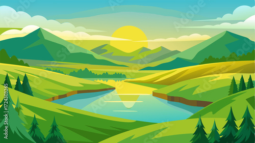 Lush green fields lead the way to a tranquil lake its still expanse reflecting the golden sunlight that pours over the surrounding countryside.