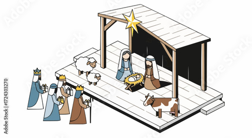 Christmas vector 2025 nativity scene illustration with mary joseph baby jesus three kings sheep and cow christmas holiday celebration