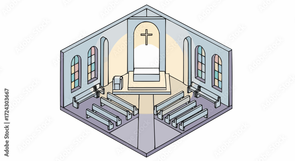 Obraz premium Christmas vector 2025 isometric church interior illustration with altar, cross, pews, and stained glass windows for worship design