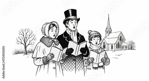 Christmas vector 2025 illustration of christmas carolers singing in winter with church background for holiday season vector art