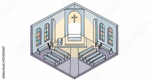 Christmas vector 2025 isometric church interior illustration with altar, cross, pews, and stained glass windows for worship design