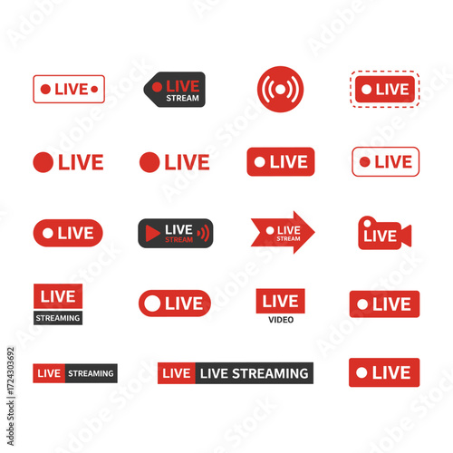 Dynamic Red Live Stream Buttons and Icons Collection Isolated on Transparent Background for Broadcasting and Online Content Creation