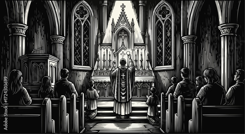 Christmas vector 2025 catholic church mass service vector illustration with priest altar and congregation worshiping in faith and prayer