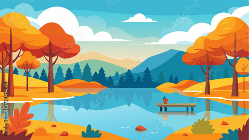 A tranquil lake reflecting the striking autumn colors of the surrounding forest a serene spot for a leisurely walk or picnic.