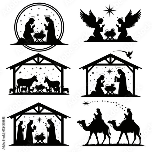 Serene Nativity Scene Silhouettes Peaceful Holy Family Birth Christmas Celebration Isolated on Transparent Background