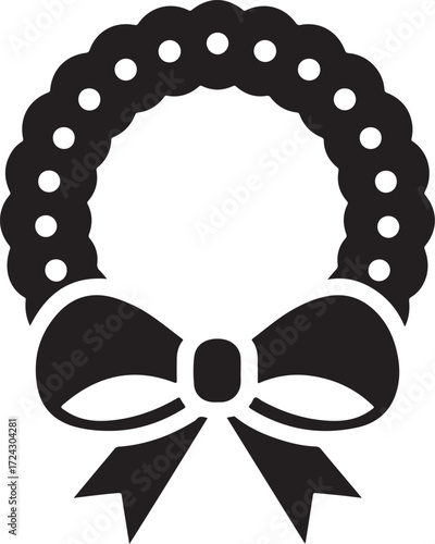 New Year and Xmas Wreath Symbol in Black Solid Style on White Background.
