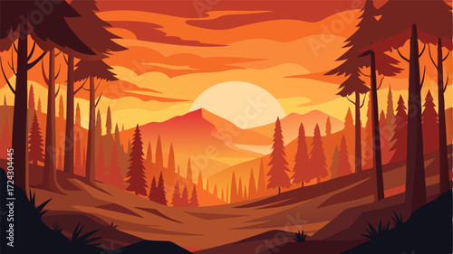 As the sun sets the forest is bathed in a warm orange glow creating a peaceful and tranquil atmosphere.