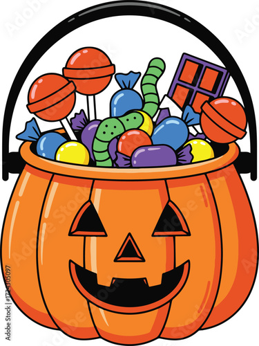 A pixel art illustration of an orange pumpkin-shaped bucket overflowing with colorful Halloween candy, including lollipops, gummy worms, and wrapped sweets. The bucket has a black handle.