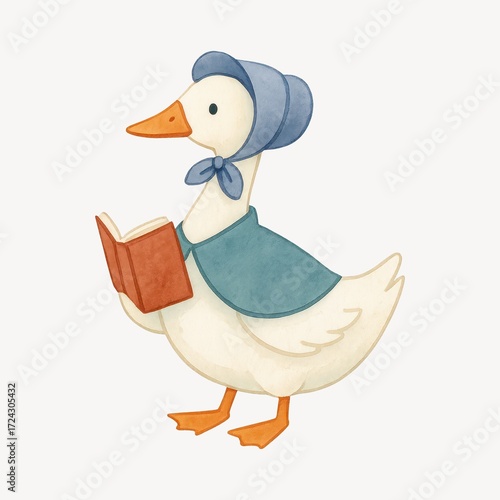 Charming duck reading book illustration.