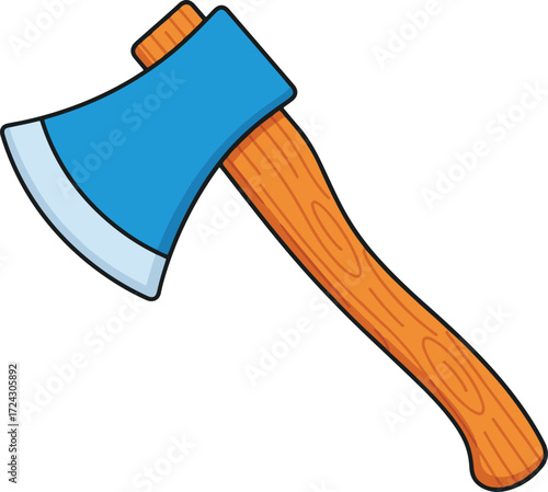 A simple, cartoon-style illustration of an axe with a blue blade and a brown wooden handle
